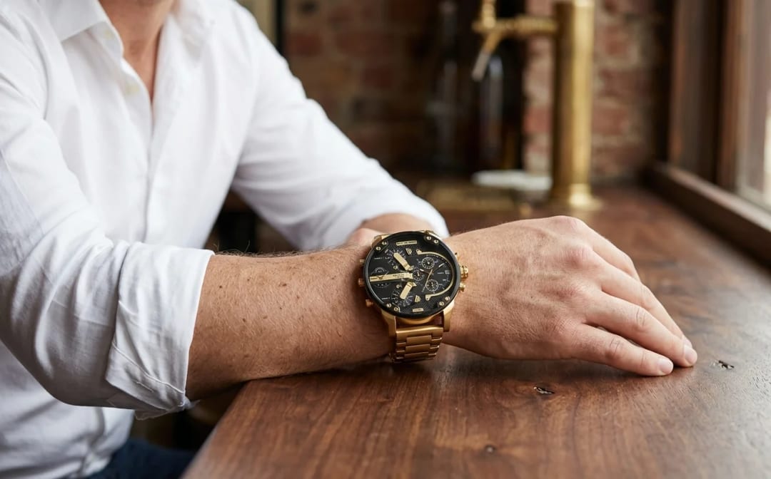Diesel DZ7333 Mr Daddy 2.0 gold worn on the wrist of a man in a white shirt at a wooden bar, urban bistro atmosphere, illustration of real impressions after a full day of wear