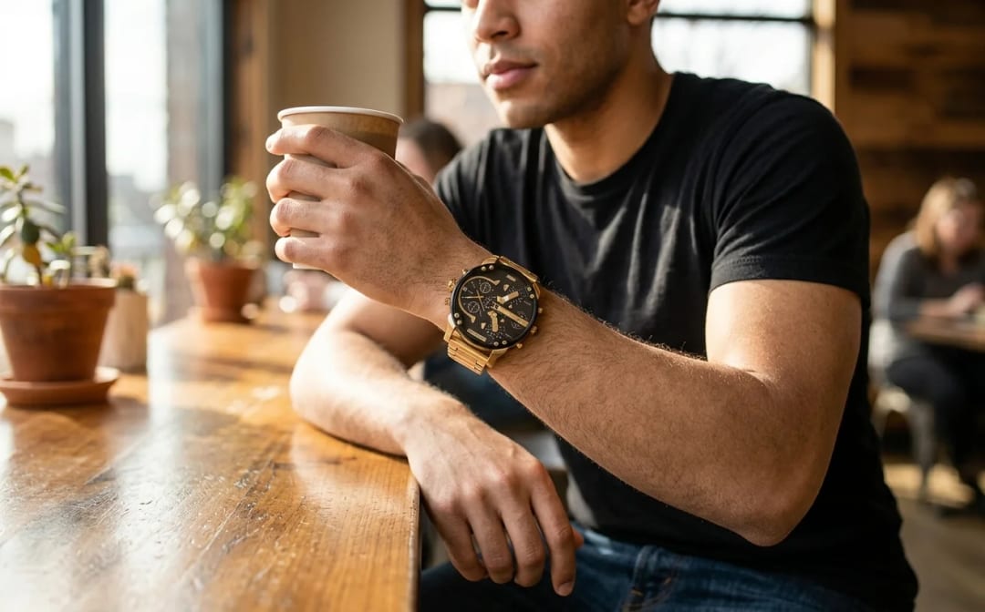 Diesel DZ7333 Mr Daddy 2.0 gold worn in casual outfit with black t-shirt and raw denim, urban coffee shop atmosphere, illustration of final verdict