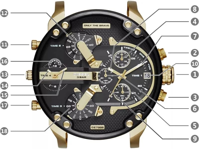 Official Diesel DZ7333 Mr Daddy 2.0 manual: annotated diagram of 18 functions, 6 crowns/pushers, 4 sub-dials TIME 1 to TIME 4, chronograph 1/10 sec, engravings ONLY THE BRAVE and 3 BAR