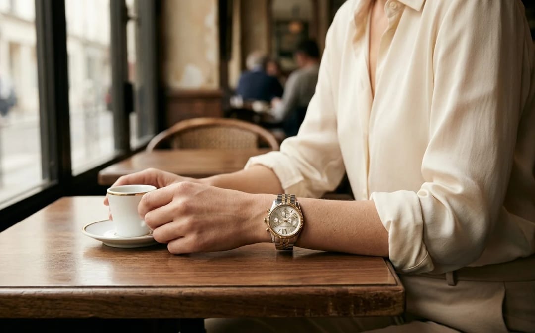 3/4 view of a Caucasian woman's wrist wearing the Michael Kors MK5955, Parisian chic professional vibe