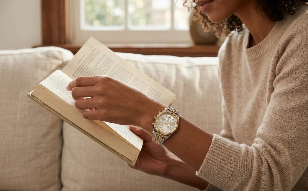 Lifestyle view on the wrist of a mixed-race woman, Michael Kors MK5955 worn with a beige jumper and a book in her hands
