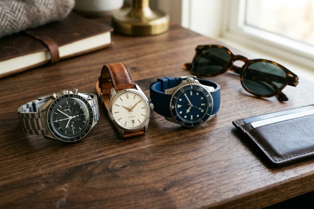 Montres homme en solde, chronographe acier et montre automatique bracelet cuir sur bois de noyer, mise en scène masculine