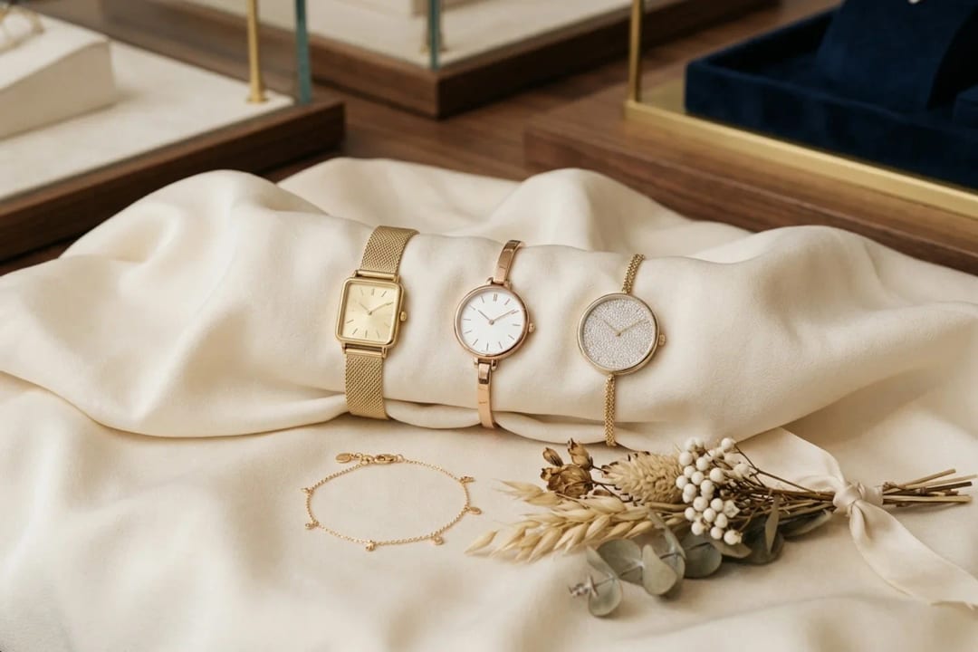 Montres femme en solde, modèle doré maille milanaise et montre or rose boîtier fin sur soie crème, mise en scène féminine