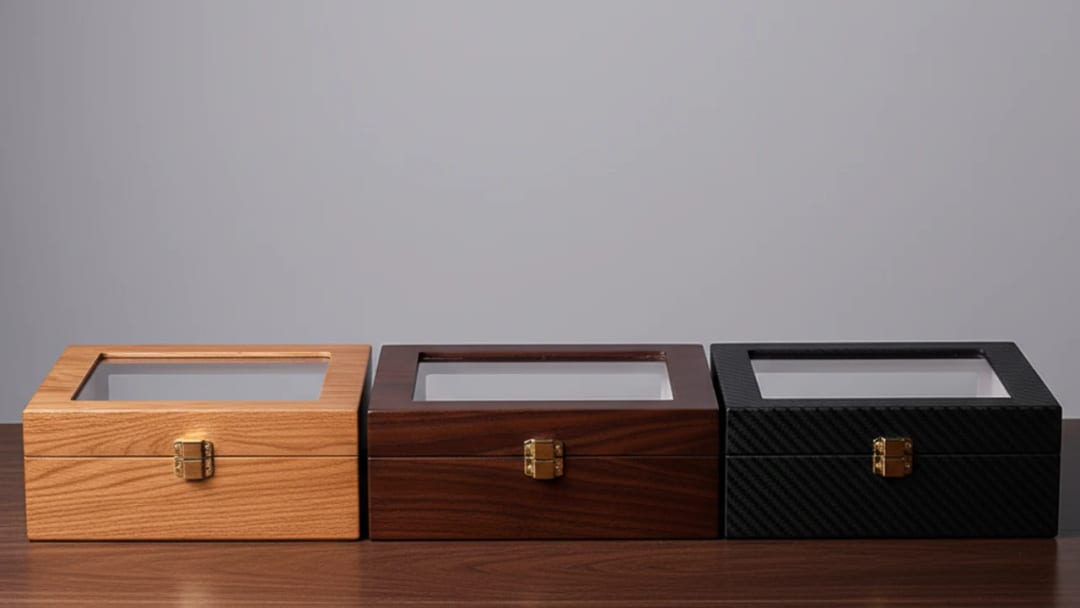 Three watch boxes in light wood, dark walnut and carbon effect lined up to compare materials