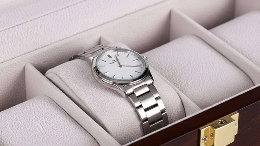 Close-up of the padded cushions of a watch box with a steel watch placed on top