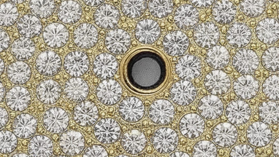 Close-up of a cluster of crystals with one empty setting, the metal grains left open
