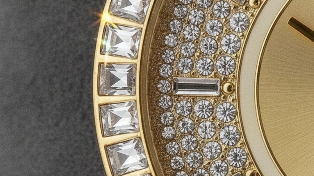 Macro of a steel gilt watch bezel set with baguette-cut crystals, raking light