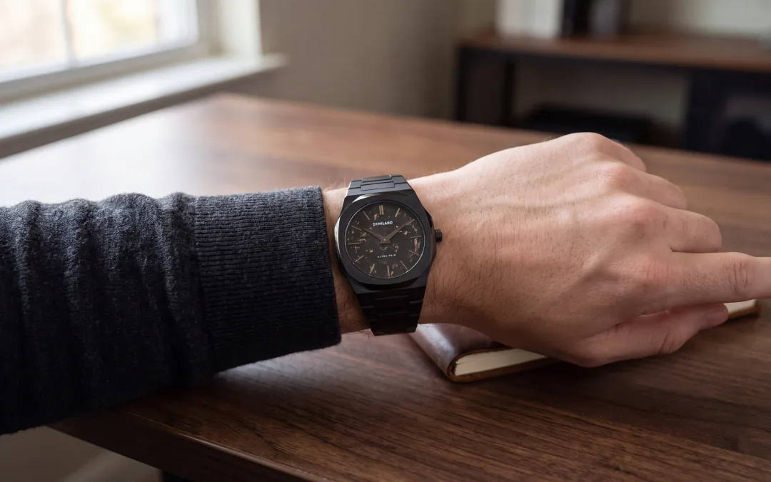 Montre octogonale homme D1 Milano Ultra Thin UTBJ31 noire DLC, cadran effet carbone forgé, portée au poignet