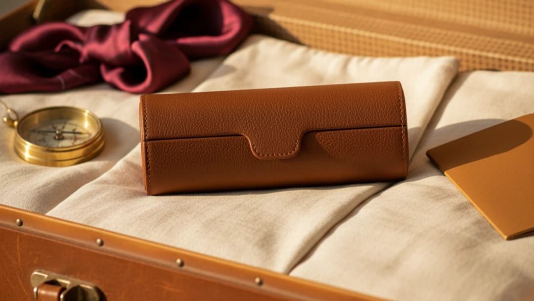 Watch roll case in leather slipped into a vintage travel suitcase