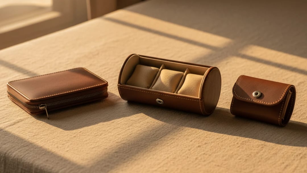 The three travel formats side by side: zipped pouch, cylindrical roll and individual case
