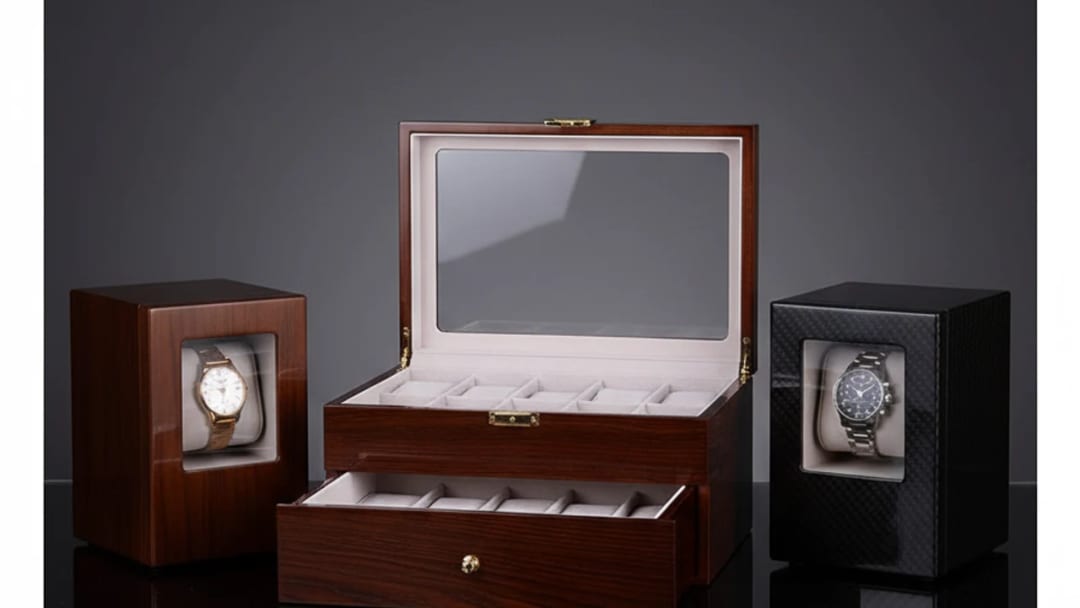 Two watch winders side by side, one in ebony wood, the other in carbon effect composite