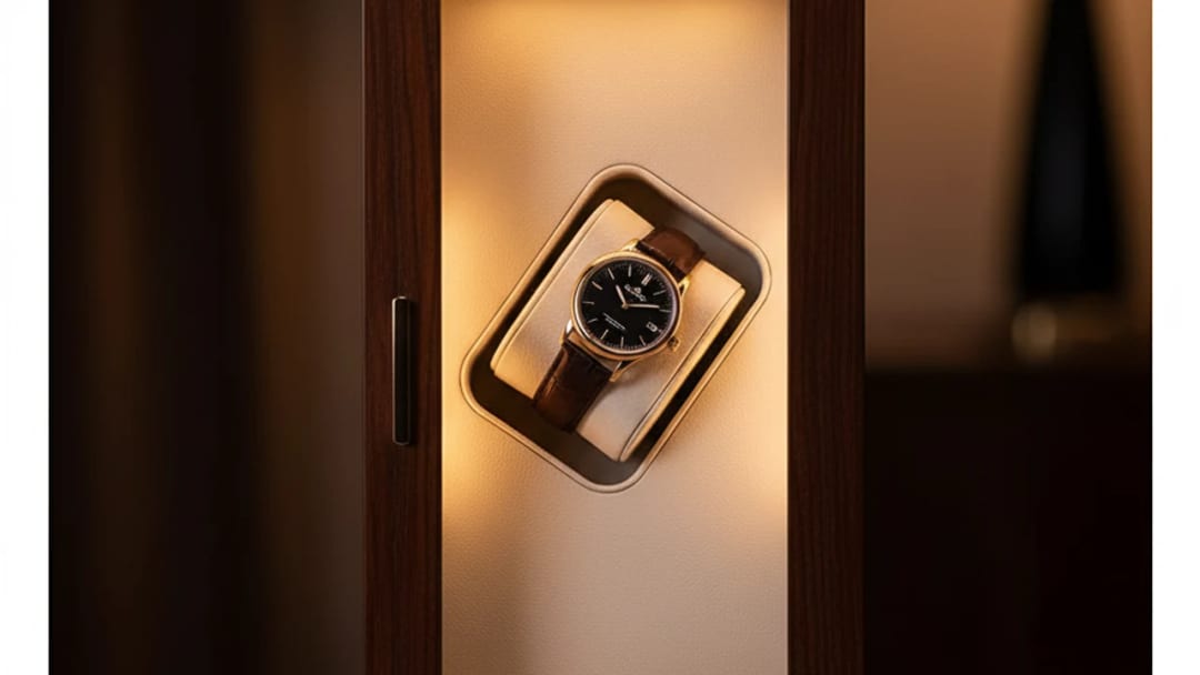 Detail of a vertical watch winder for automatic watches, a watch on its rotating illuminated support
