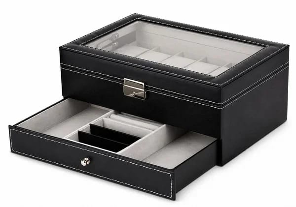 Gasmann Coffret Bellagio Double Étage 12 Montres + Tiroir Bijoux Simili-Cuir Noir