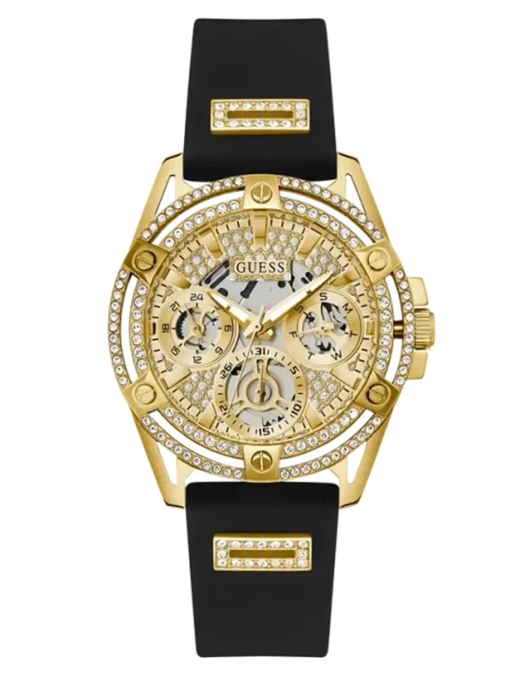 Guess Montre Femme Guess Queen GW0536L3 bracelet silicone noir boitier doré orné de strass