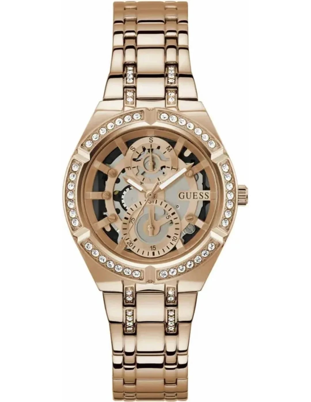 Guess Montre Femme Guess Allara GW0604L3 bracelet acier or rose cadran squelette cristaux multifonctions