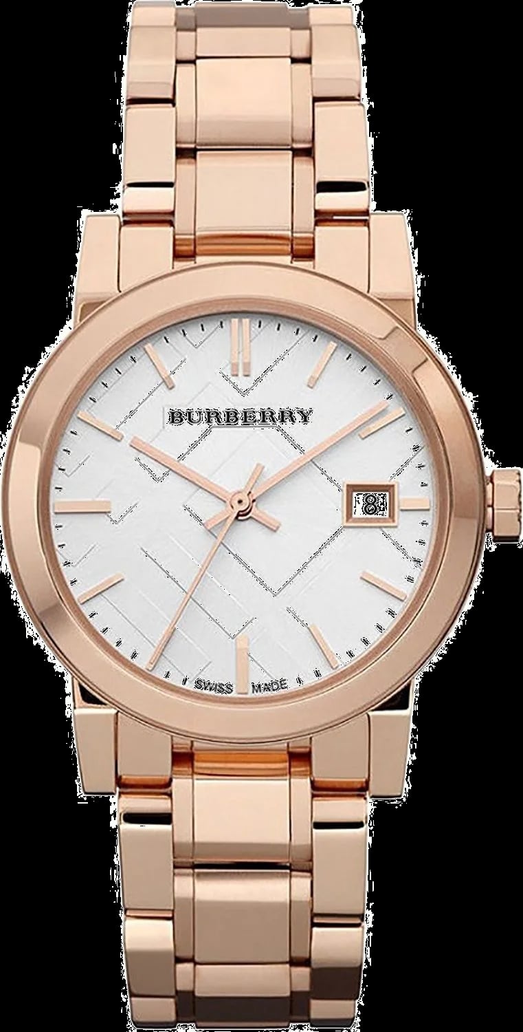 Montre Burberry BU9104 cadran or rose avec index bâtons et logo signature, style chic et décontracté
