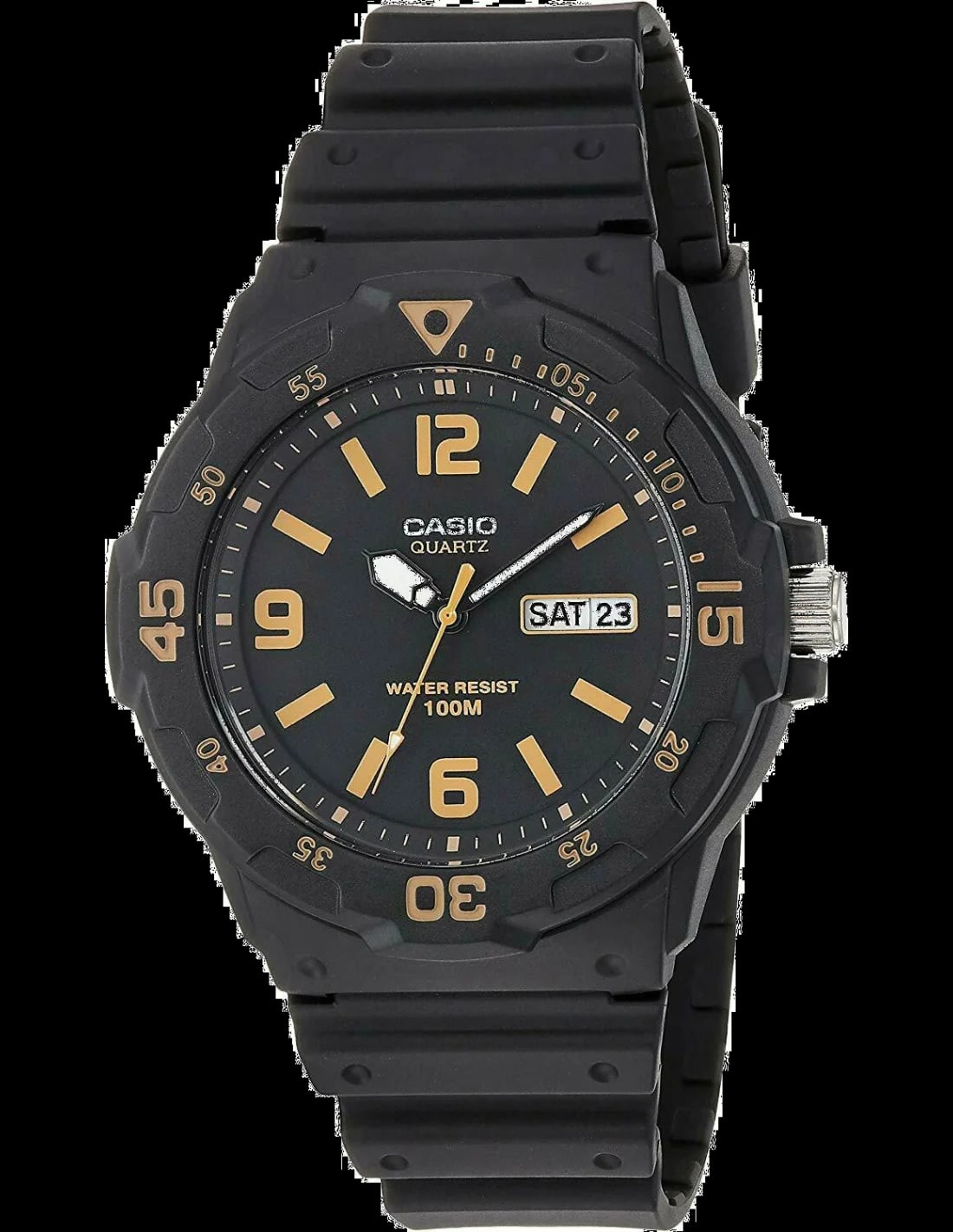 Montre Casio MRW-200H-1B3VEF cadran noir avec index blancs et aiguilles luminescentes, lunette rotative bleue et rouge, style sport robuste