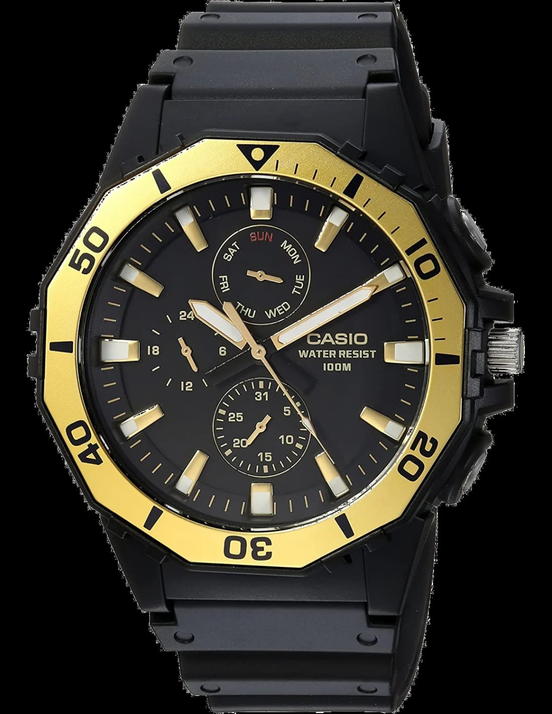 Montre Casio MRW-400H-9AVCF boîtier noir contrasté par des accents dorés sur cadran sportif et index lumineux