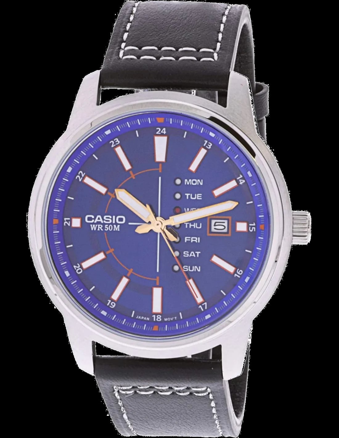 Montre Casio MTP-E128L-2A1V cadran bleu soleil, index bâtons argentés, aiguilles lumineuses, style classique quotidien robuste