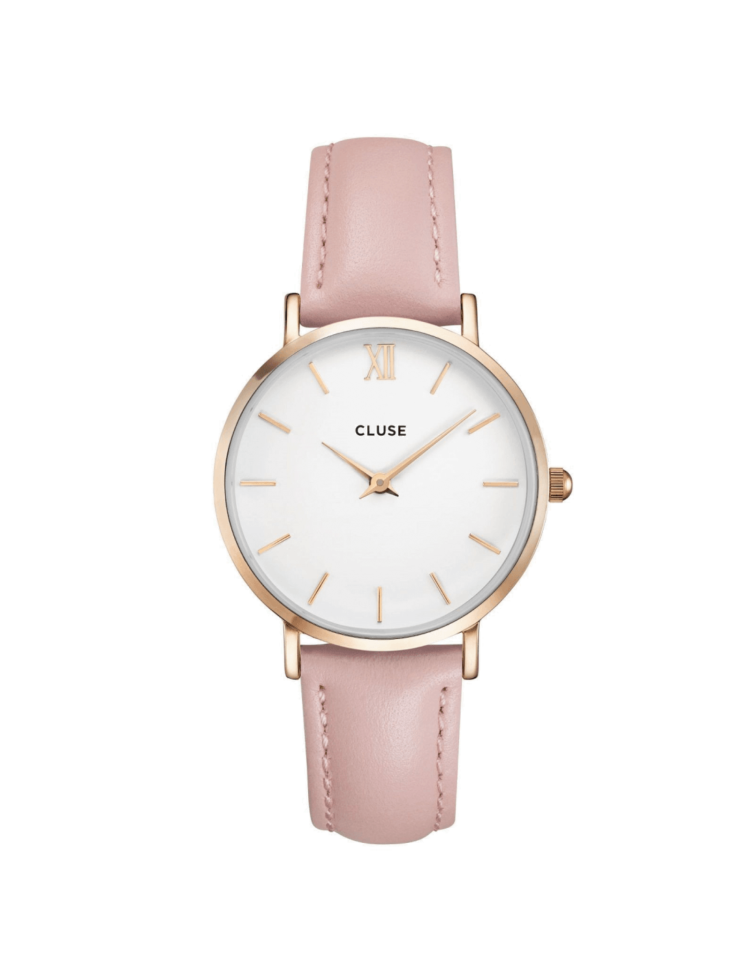 Montre Cluse CL30001 avec cadran blanc nacré et aiguilles dorées fines sur fond rose pâle