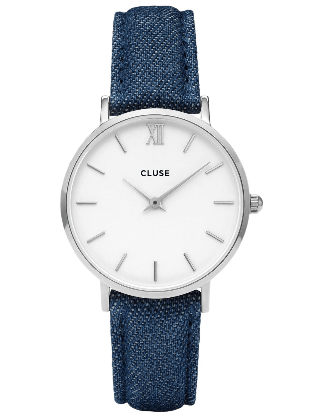 Montre Cluse CL30030 au cadran bleu marine soleillé avec index bâtons argentés et aiguilles épurées, design minimaliste chic