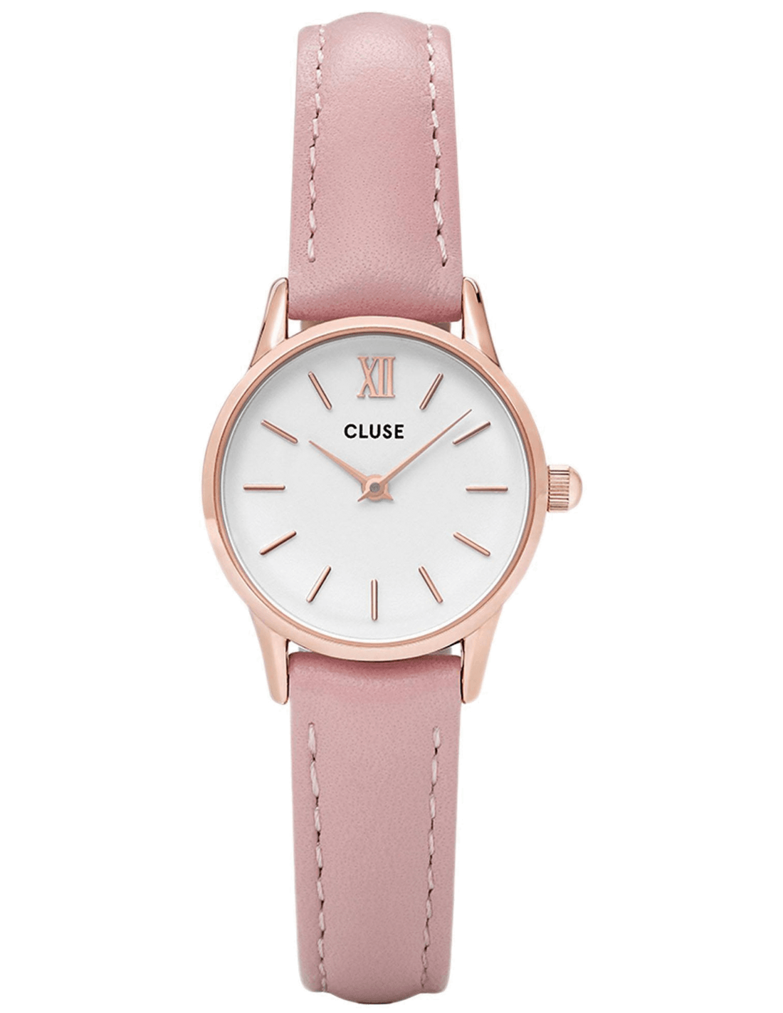 Montre Cluse CL50010 cadran rose poudré avec aiguilles dorées et minces index bâtons, style minimaliste élégant