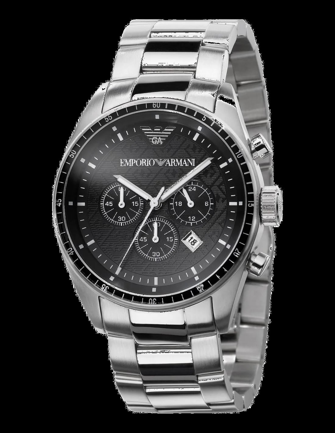 Montre Emporio Armani AR0585 avec cadran noir, aiguilles argentées et index bâtons, style sport chic sur fond sombre
