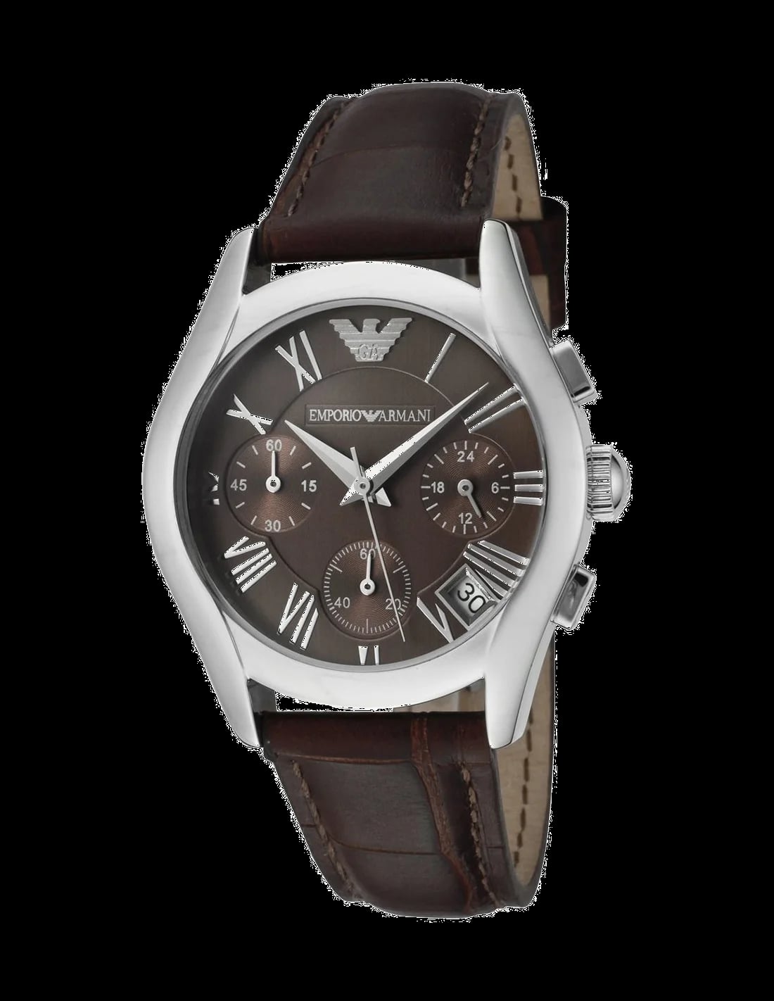 Montre Emporio Armani AR0672 avec cadran noir soleil, boîtier acier brossé et finitions dorées pour un look chic et décontracté