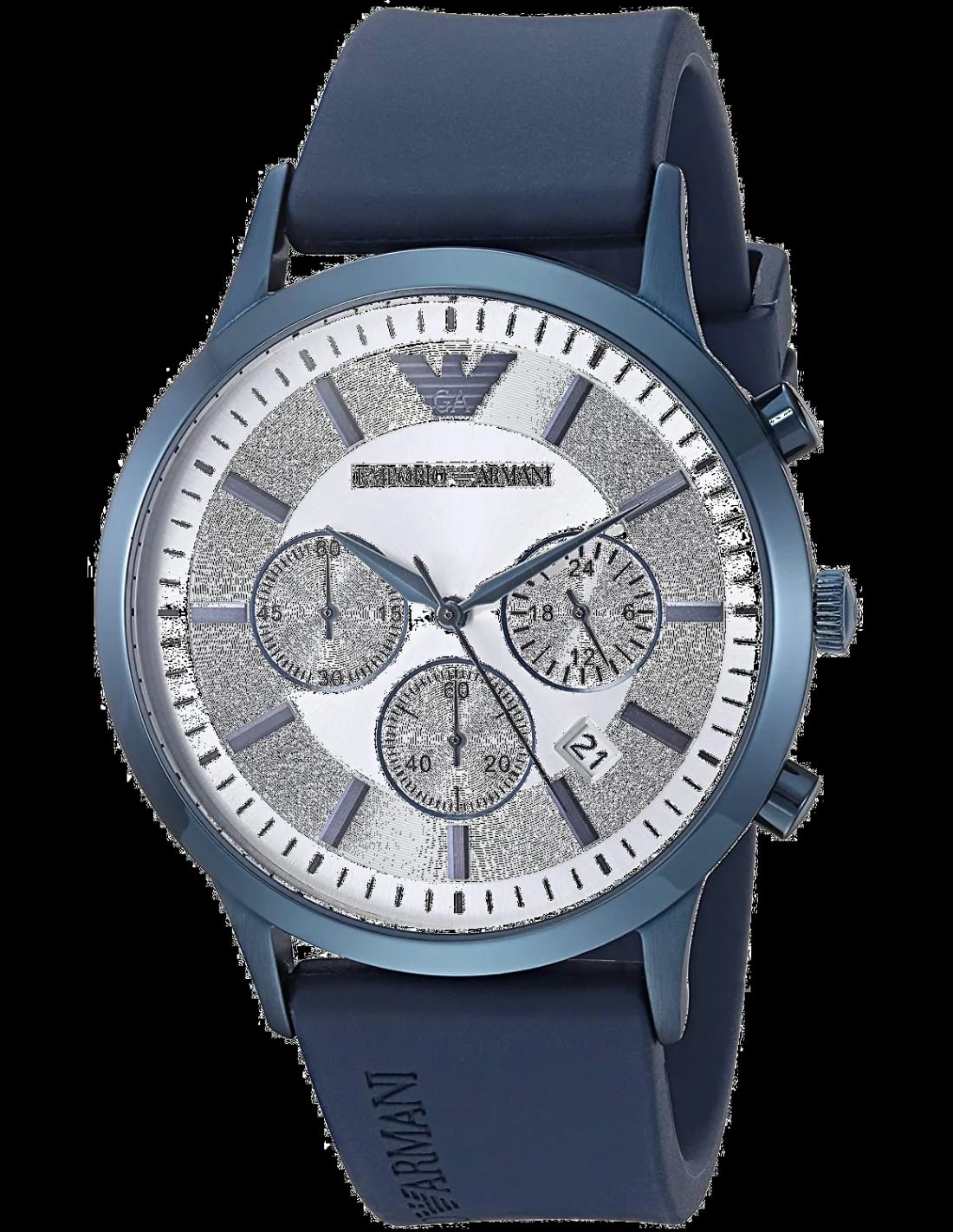 Montre Emporio Armani AR11026 cadran bleu soleil, index bâtons et aiguilles argentés, style élégant décontracté