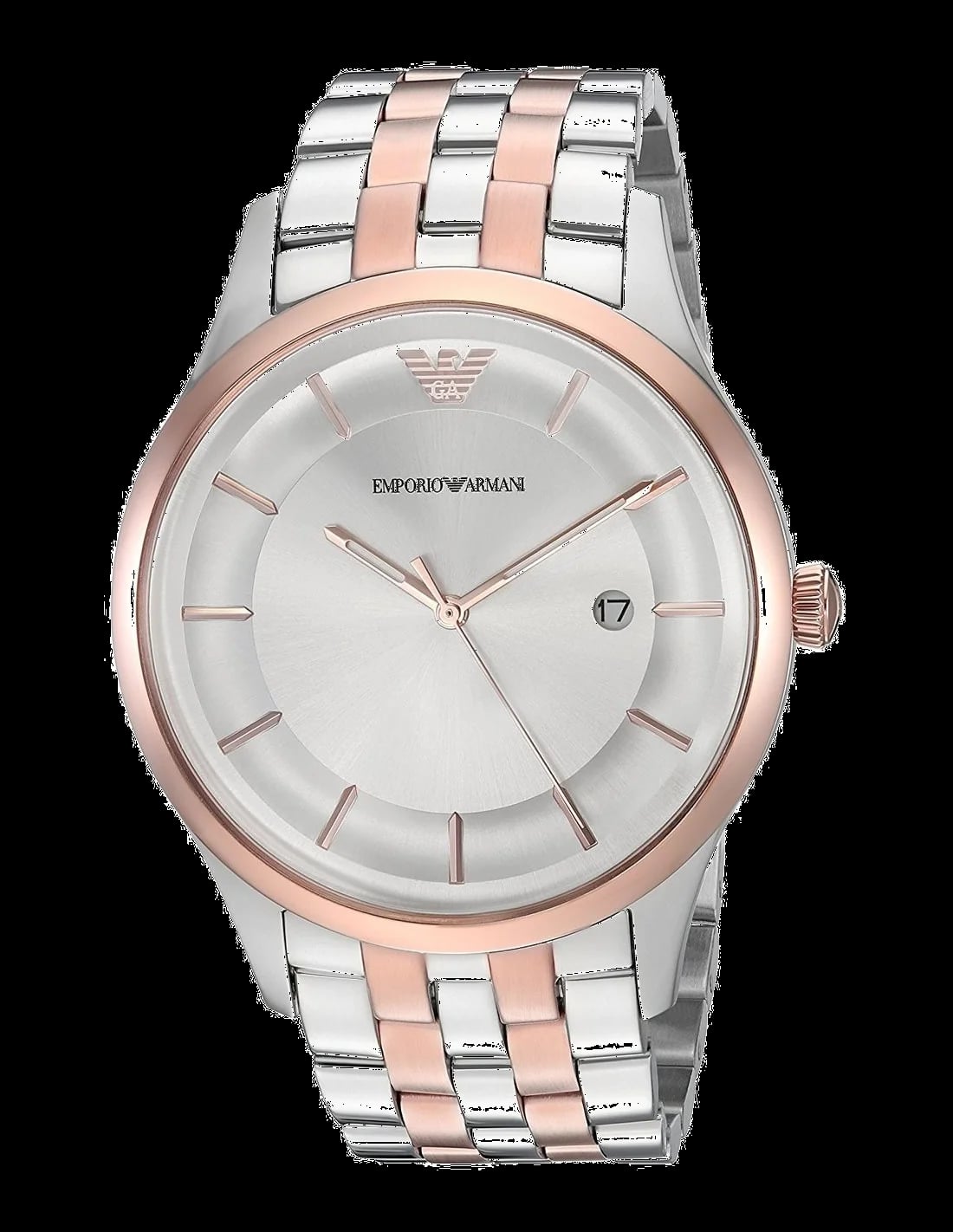 Montre Emporio Armani AR11044 au cadran gris soleillé, index bâtons et aiguilles or rose, style contemporain