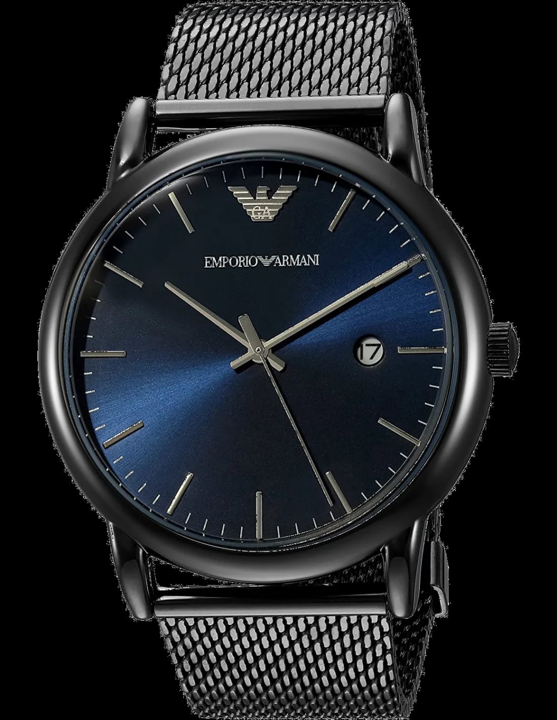 Montre Emporio Armani AR11053 au cadran noir soleillé avec trois sous-cadrans et index bâtons argentés