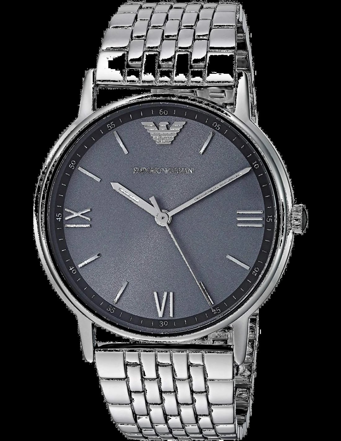 Montre Emporio Armani AR11068 avec cadran blanc soleil, index bâtons argentés et aiguilles dauphine pour un style élégant et décontracté