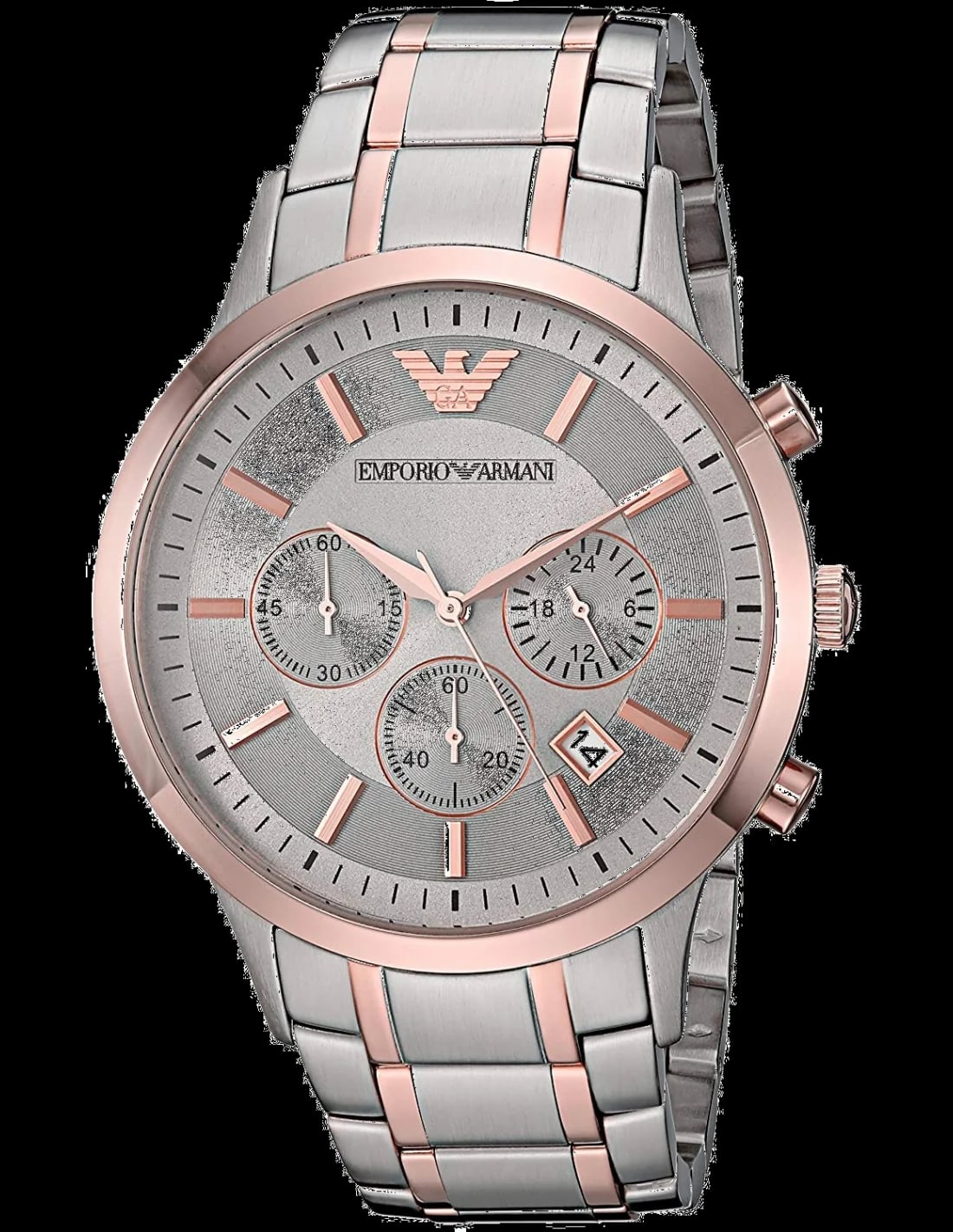 Montre Emporio Armani AR11077 cadran gris soleillé avec index bâtons et logo EA, style minimaliste et moderne