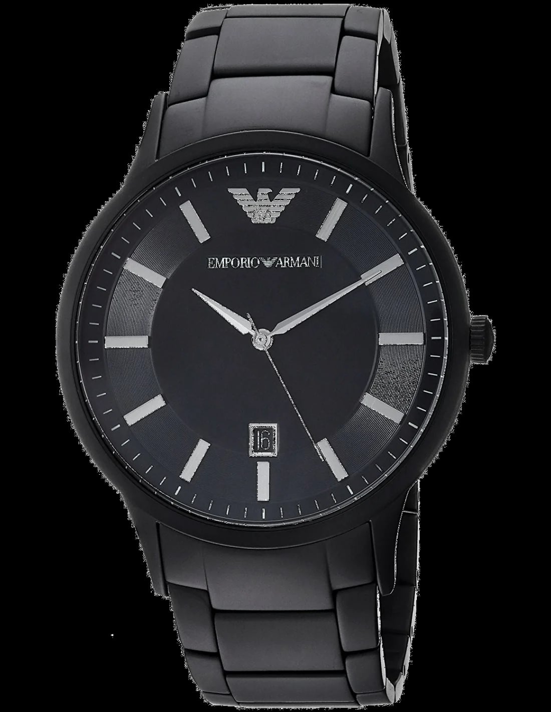 Montre Emporio Armani AR11079 au cadran noir texturé, aiguilles argentées et index bâtons pour un style moderne et épuré