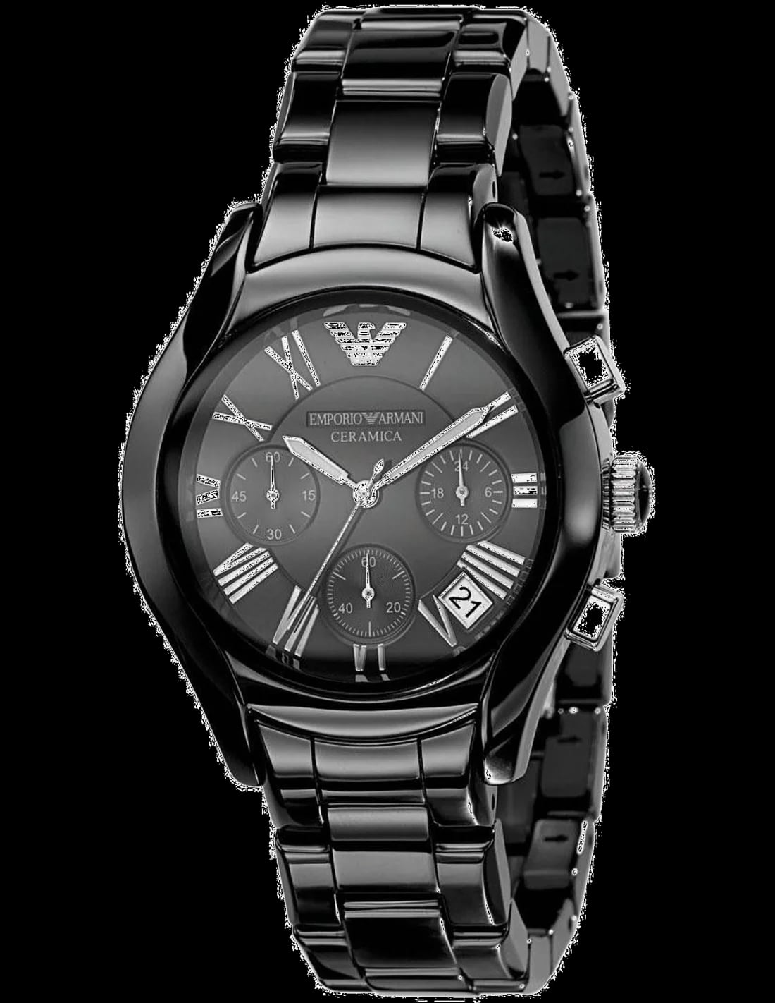 Montre Emporio Armani AR1401 au cadran noir soleil, boîtier céramique et verre saphir, style moderne et épuré