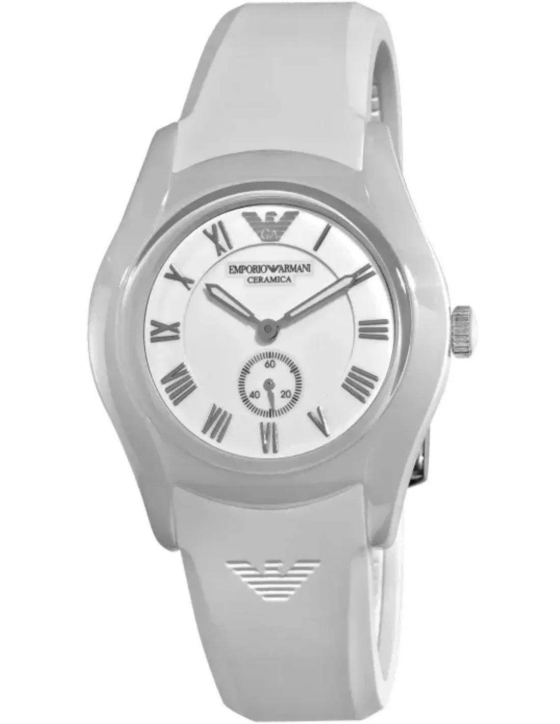 Montre Emporio Armani AR1433 boîtier rond blanc, cadran blanc pur avec index bâtons et aiguilles argentés pour un look minimaliste et moderne