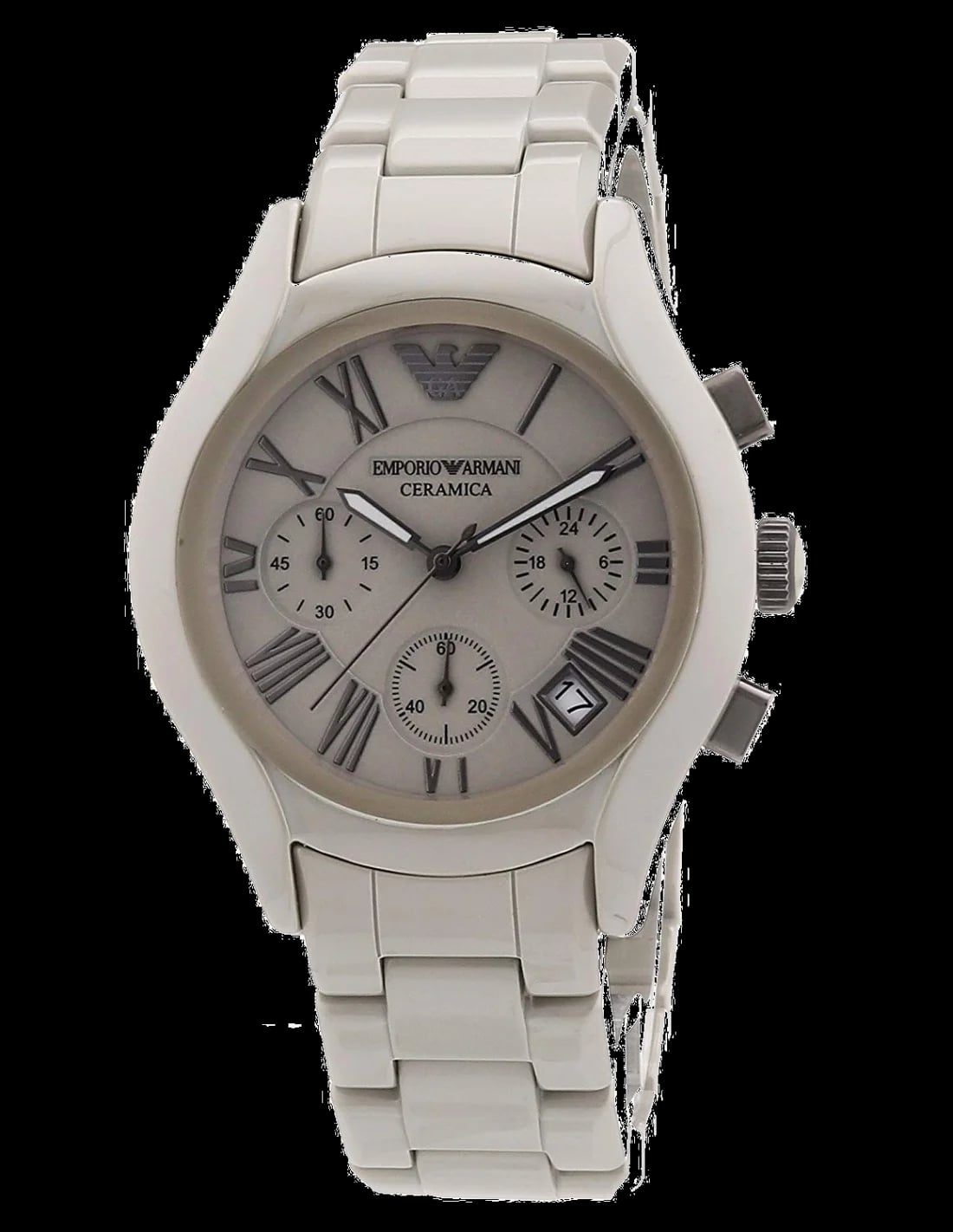 Montre Emporio Armani AR1460 au cadran noir soleillé, chronographe et index bâtons argentés