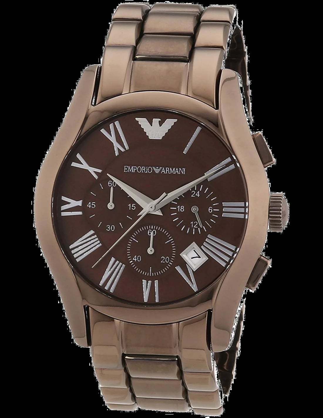Montre Emporio Armani AR1610 cadran noir soleil avec index bâtons et aiguilles argentées, chronographe trois compteurs et guichet date à 4h30