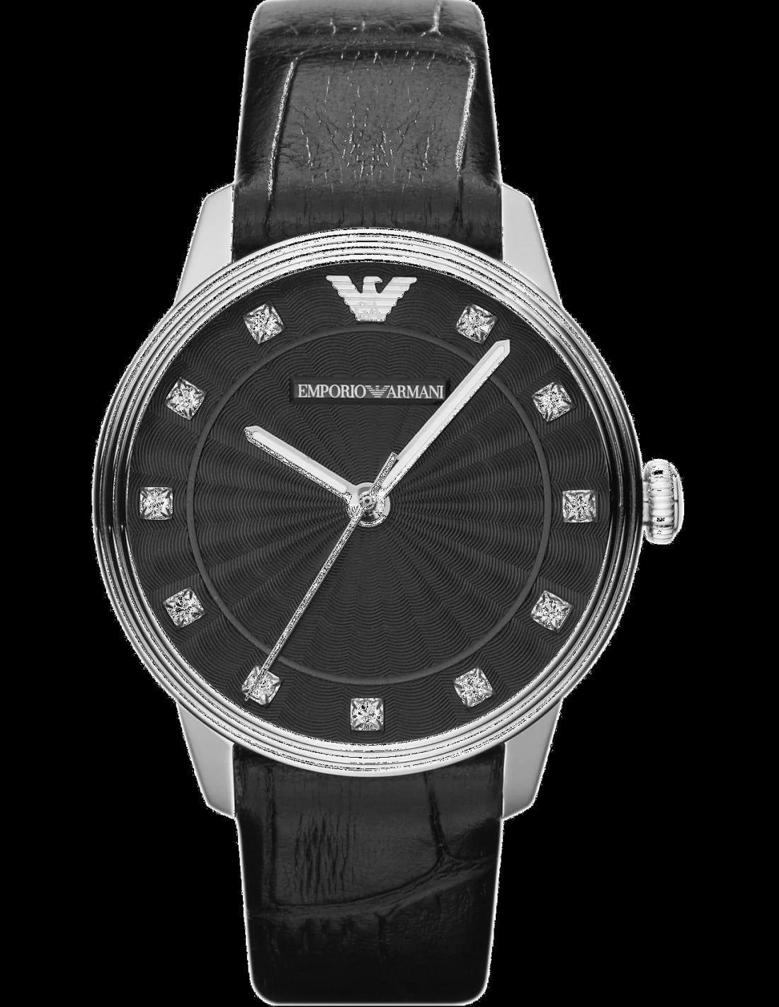 Montre Emporio Armani AR1618 avec cadran noir, index à strass et aiguilles bâtons argentées