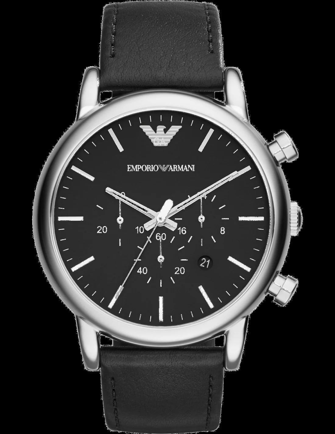 Montre Emporio Armani AR1828 cadran noir soleil, index bâtons argentés, aiguilles luminescentes, style classique sobre