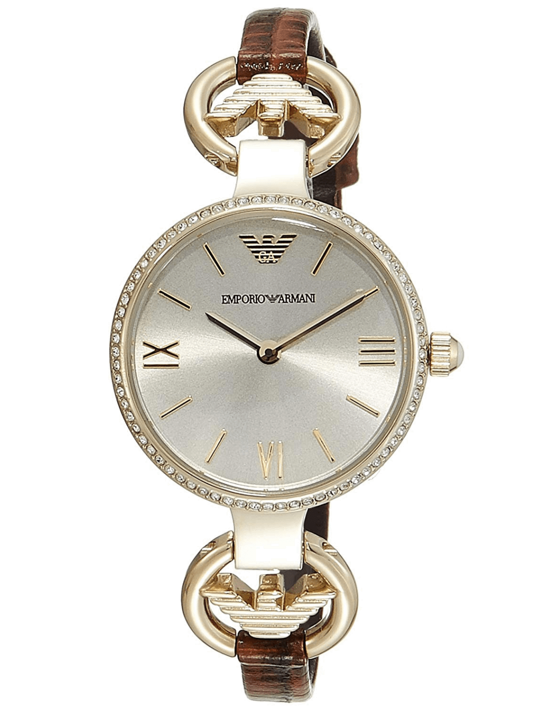 Montre Emporio Armani AR1885 au cadran marron soleil avec index strass et aiguilles dorées style chic décontracté