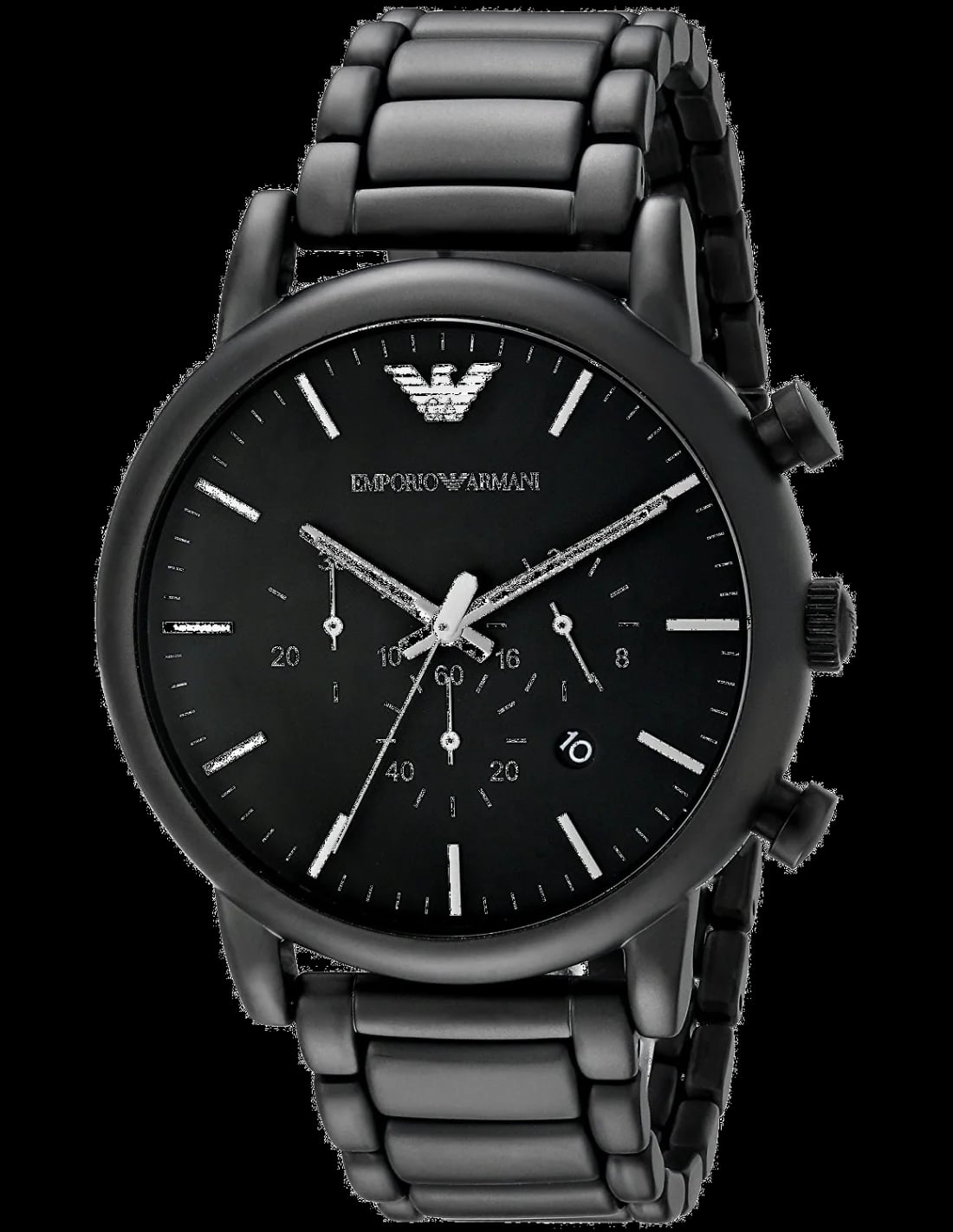 Montre Emporio Armani AR1895 cadran noir soleillé, aiguilles et index argentés, chronomètre sport chic