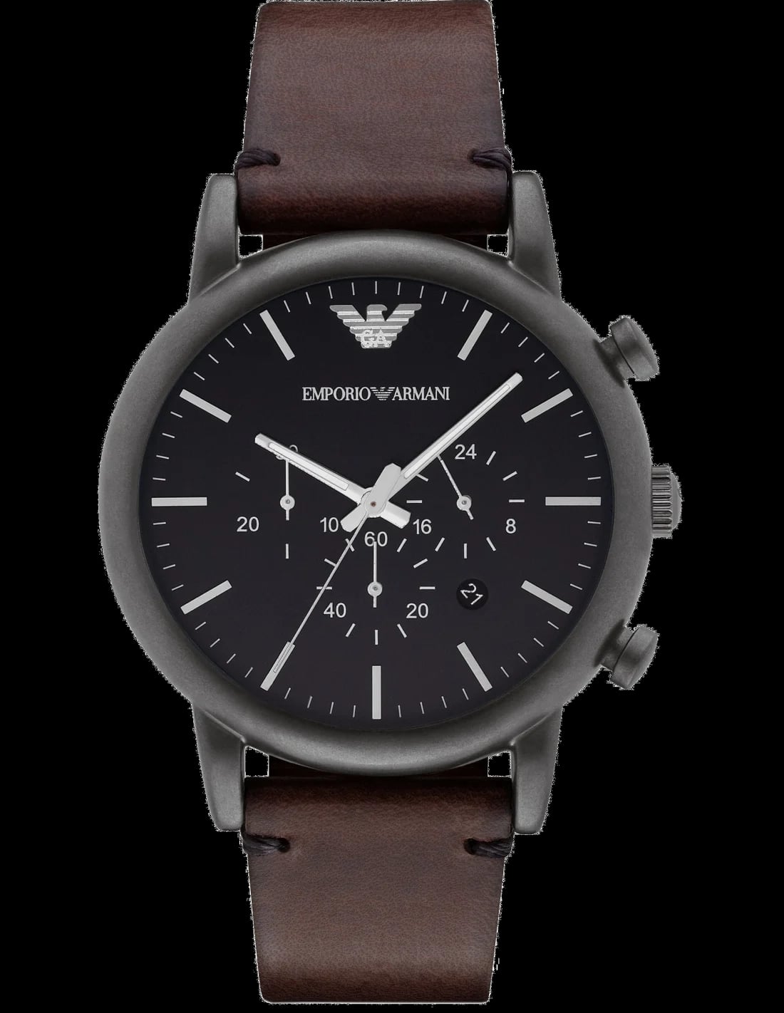 Montre Emporio Armani AR1919 au cadran argenté soleil avec index bâtons et aiguilles luminescentes sur fond marron contrasté