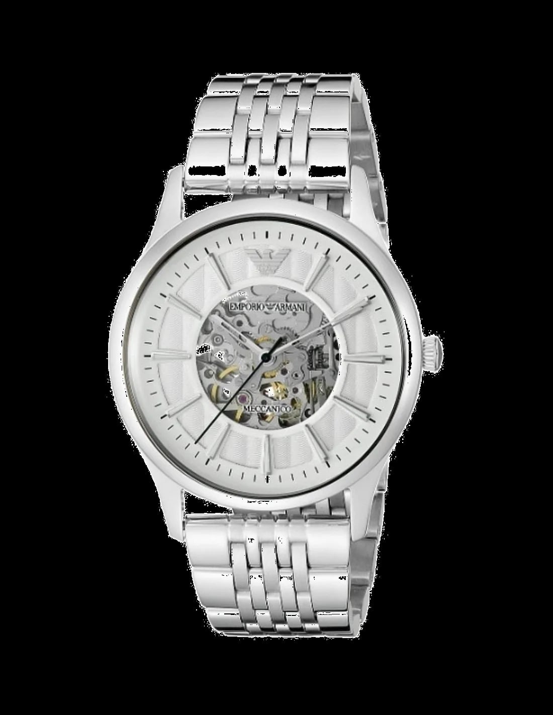 Montre Emporio Armani AR1945 cadran squelette argent avec index appliques et aiguilles facettées