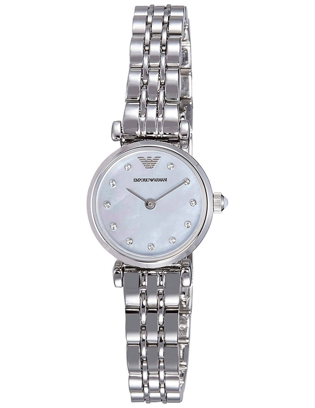 Montre Emporio Armani AR1961 au cadran blanc nacré, aiguilles et index dorés, style rétro chic