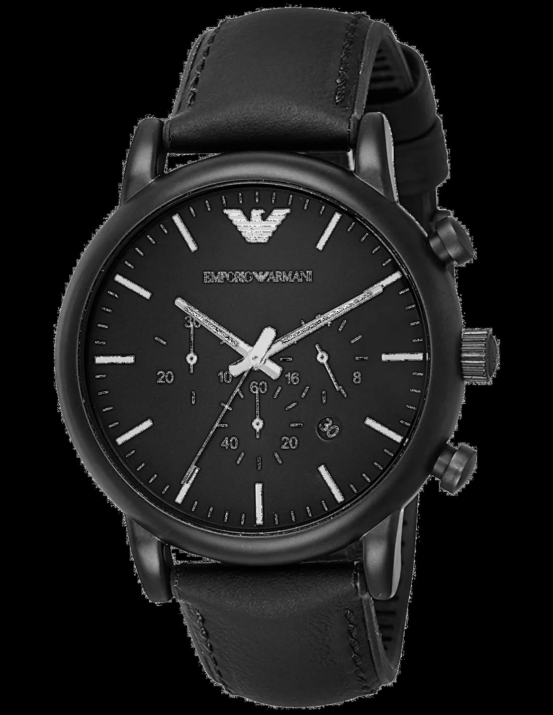 Montre Emporio Armani AR1970 cadran noir soleil avec logo EA à 12h, aiguilles argentées et index bâton, style épuré chic