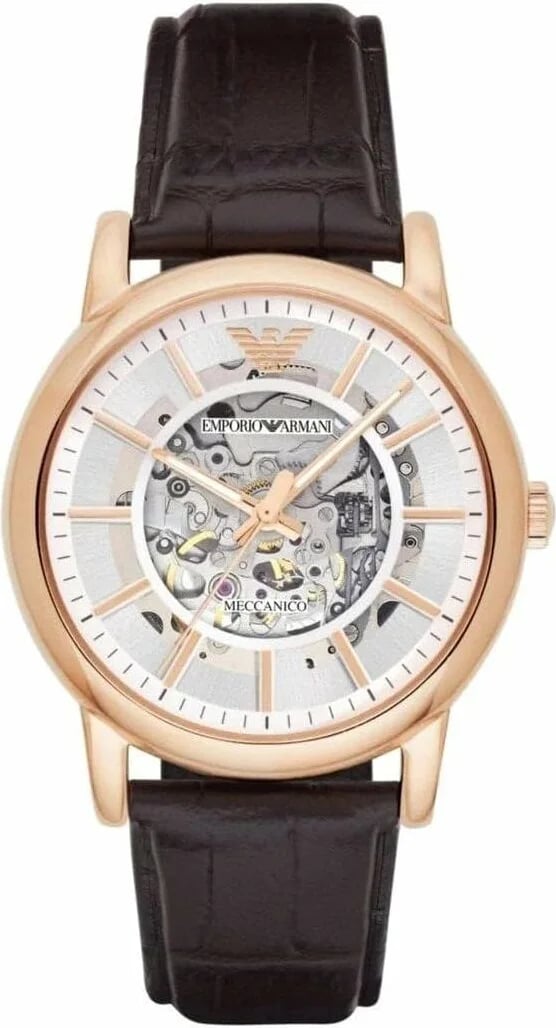 Montre Emporio Armani AR1983 automatique cadran squelette argent bracelet cuir marron