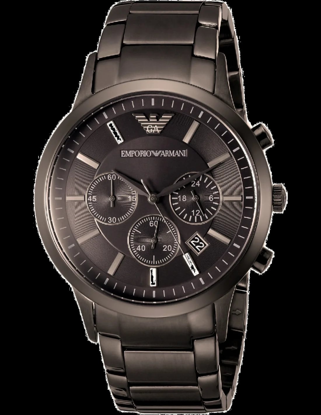 Montre Emporio Armani AR2454 cadran gris soleillé, index bâtons, aiguilles argentées, style décontracté chic