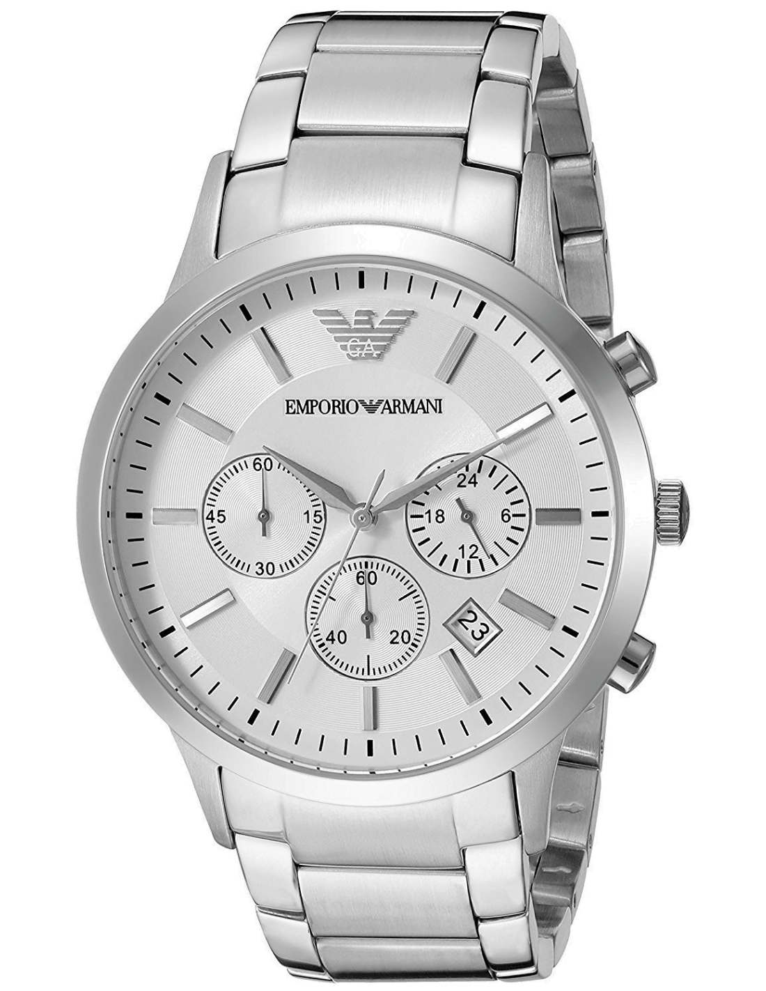 Montre Emporio Armani AR2459 avec cadran argenté soleil, index appliqués et aiguilles bâtons, style sport chic