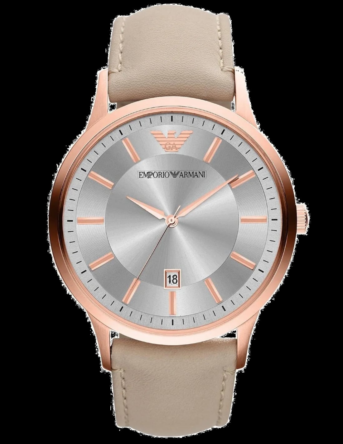 Montre Emporio Armani AR2464 avec cadran noir soleil, index bâtons argentés et aiguilles luminescentes